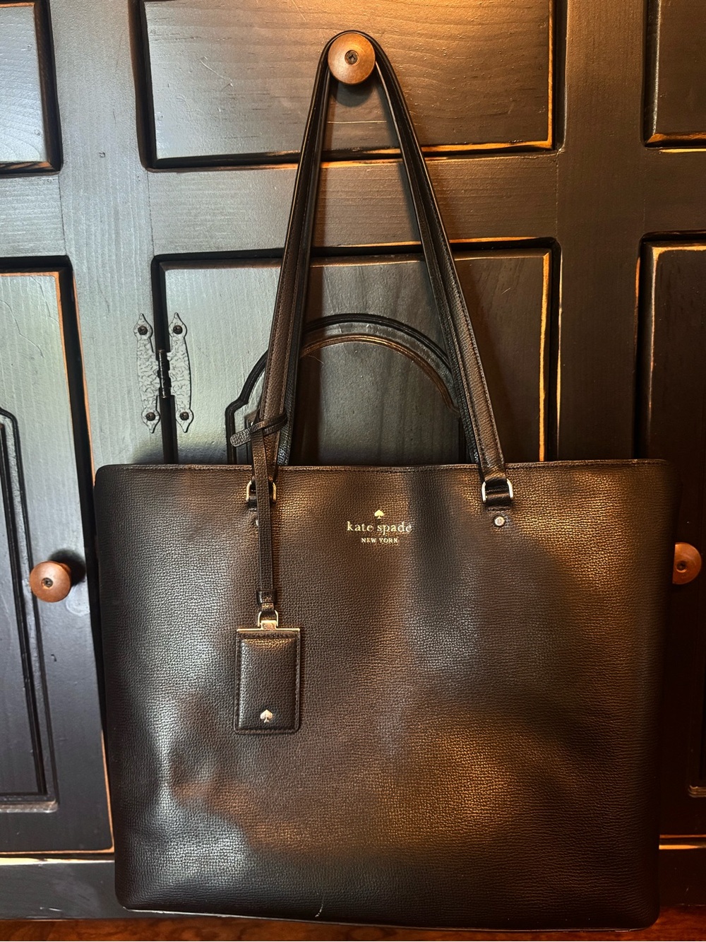 kate spade black pebbled leather tote with ID tag